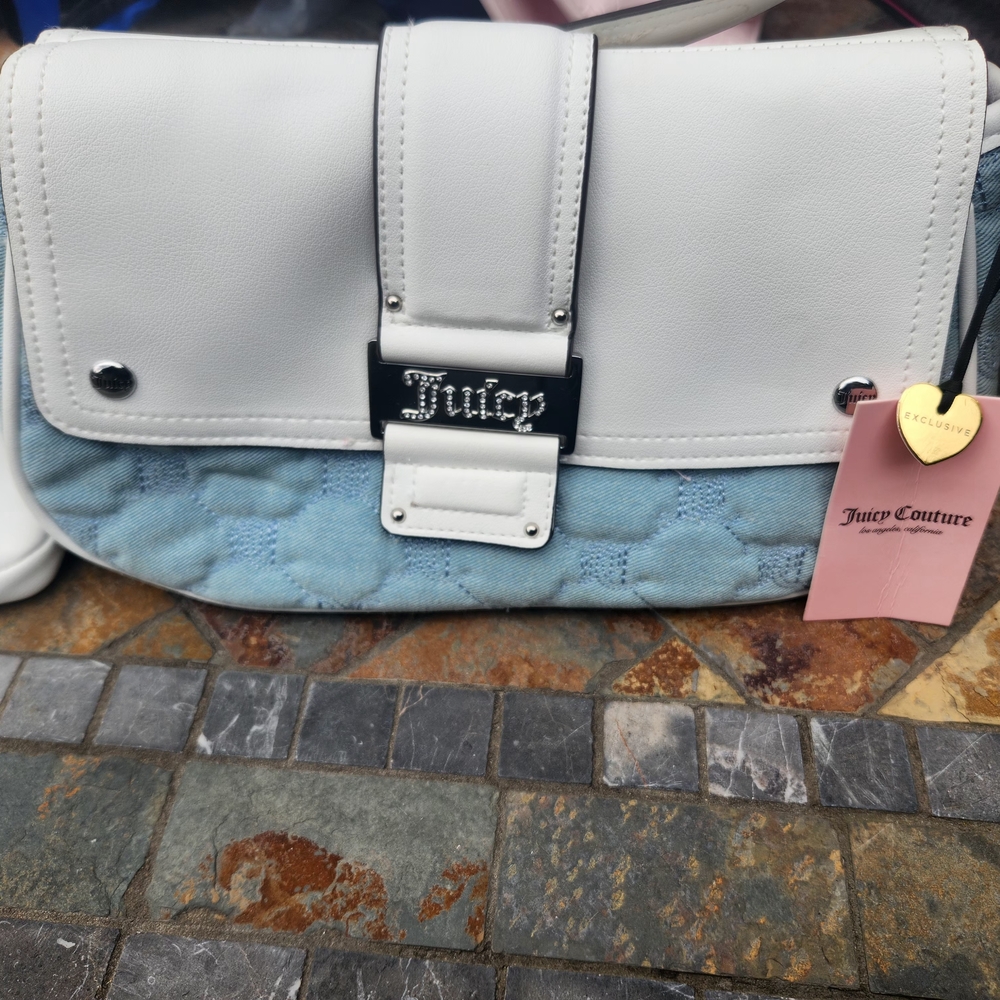 Juicy Couture White and Light Blue Quilted Shoulder Bag with Heart Charm
